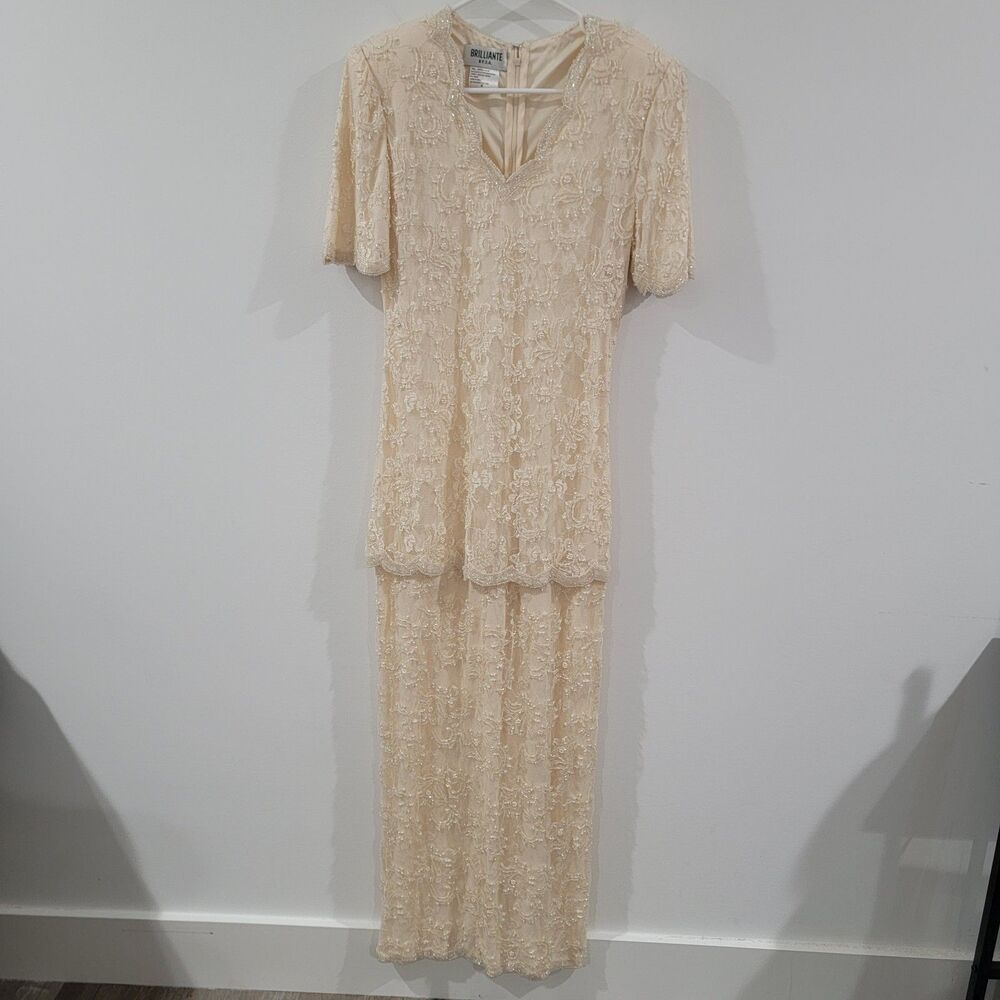 Brilliante Womens Beaded‎ Maxi Dress Size Medium Ivory Luxury Glam Regency